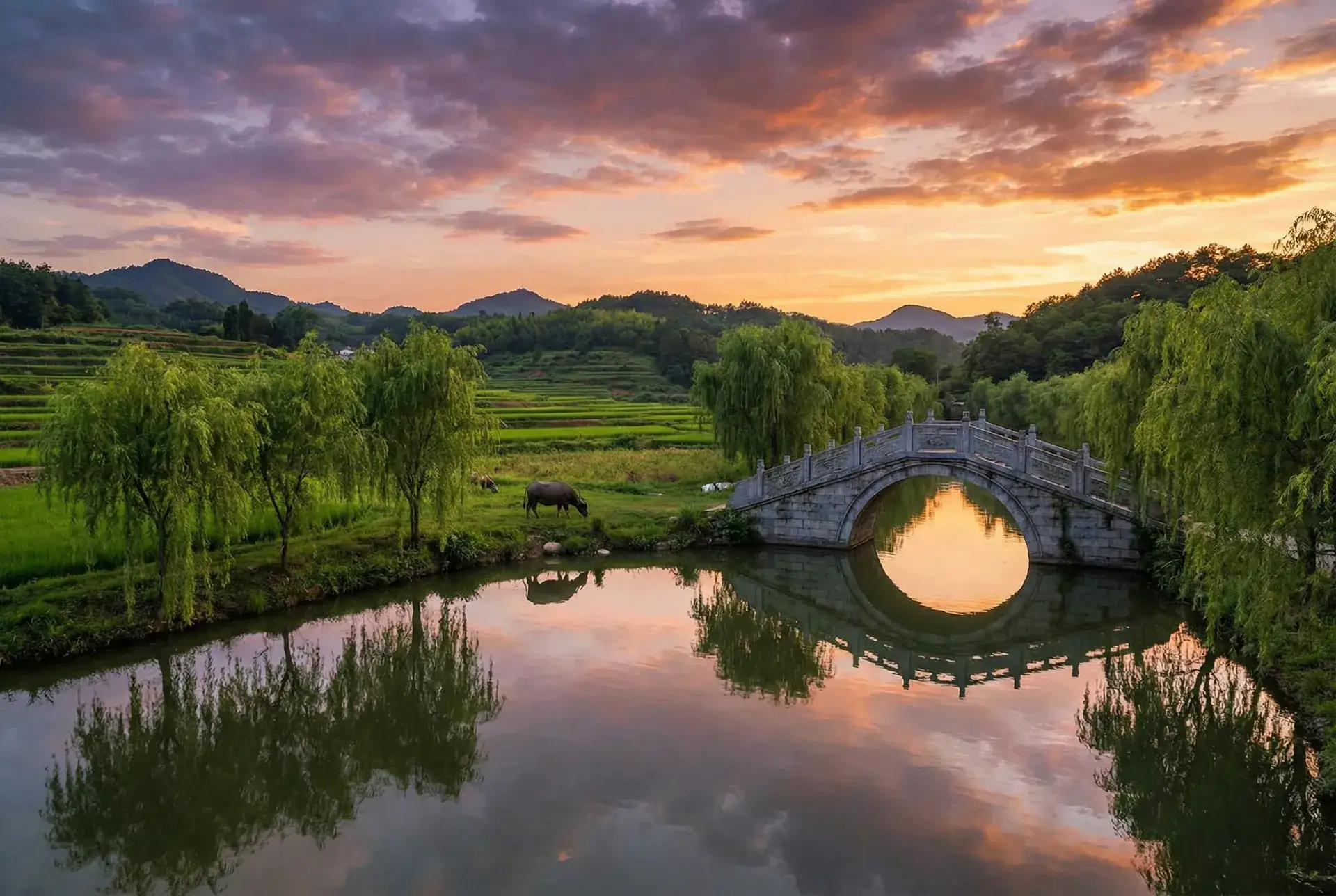 夕阳下的石拱桥与垂柳，水牛在河边吃草 - 稀缺暗黑网 乡村美景